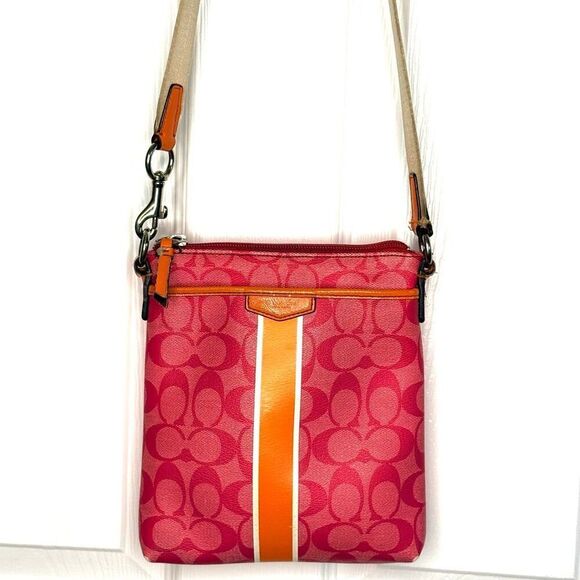 Coach Signature Stripe Crossbody Bag Pink Orange Canvas Leather Trim - Picture 3 of 8